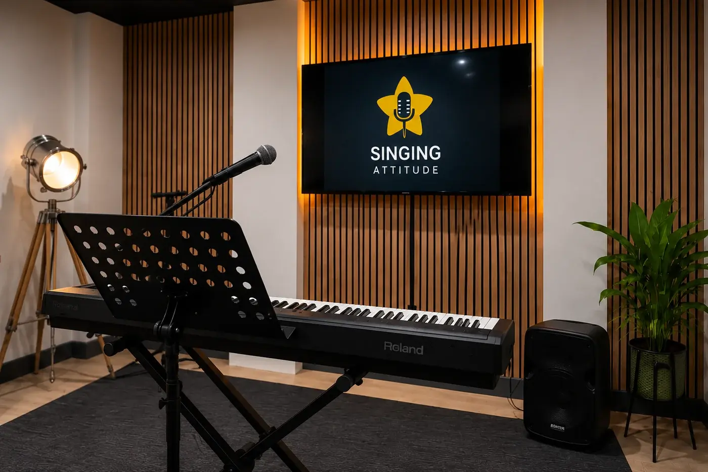 Interior view of the Ely singing studio with keyboard, microphone and acoustic wall panels