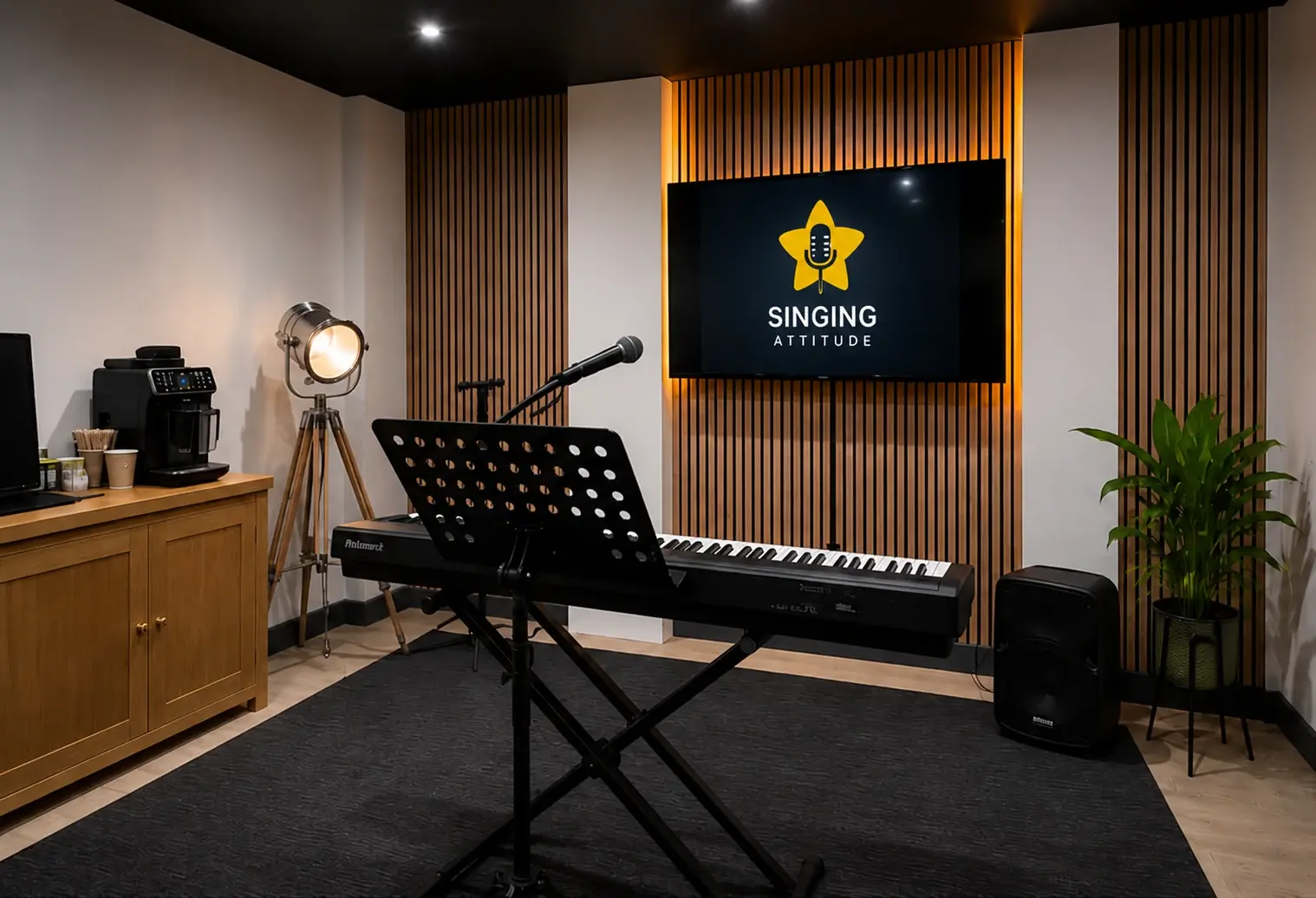 Ely Studio lesson room with keyboard, microphone and Singing Attitude screen