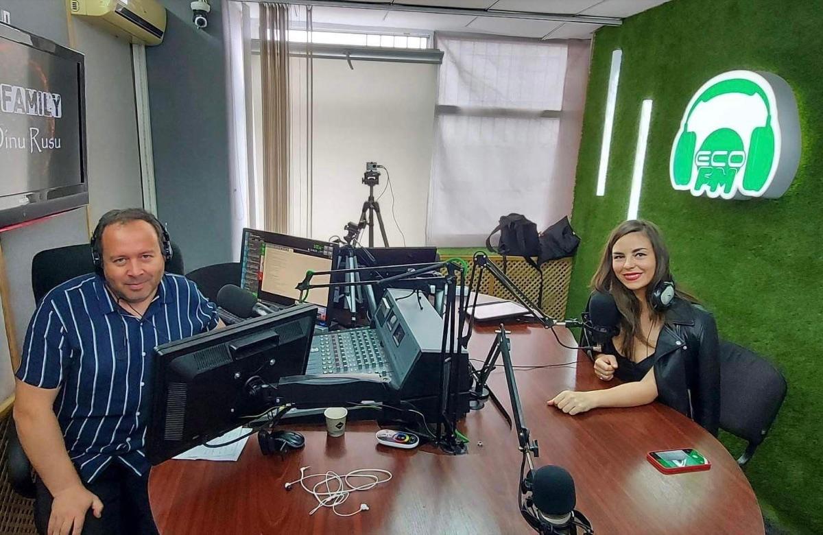Liuba Doga in a radio studio interview setting