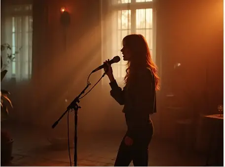 A singer at a microphone in warm stage lighting