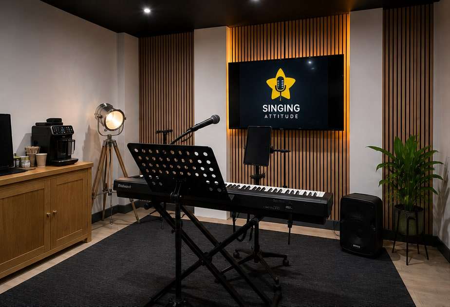 Professional keyboard, microphone and speakers for clear coaching.